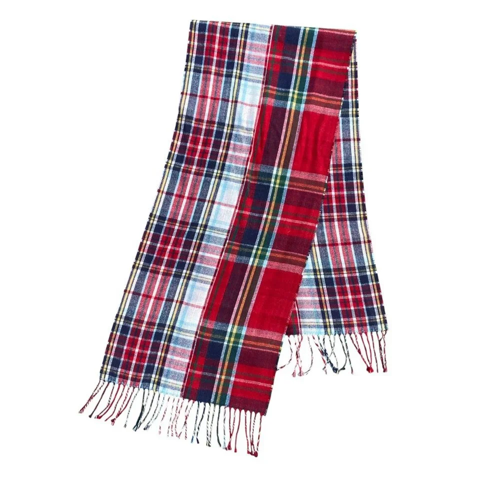Lands End Unisex Tartan Plaid Scarf Red Blue Classic Holiday Old Money Preppy
